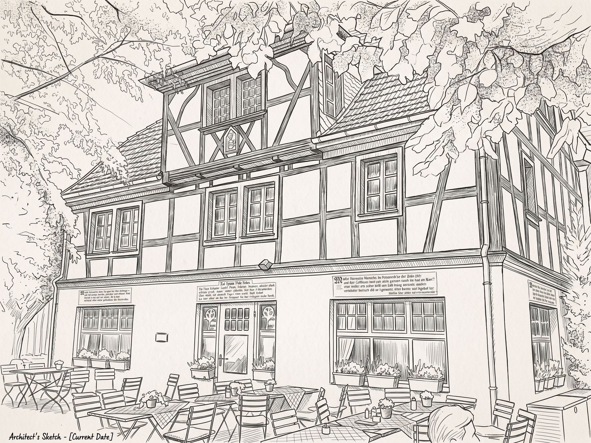 Architekten-Skizze des Fachwerkhauses Schaumburger Hof mit Biergarten